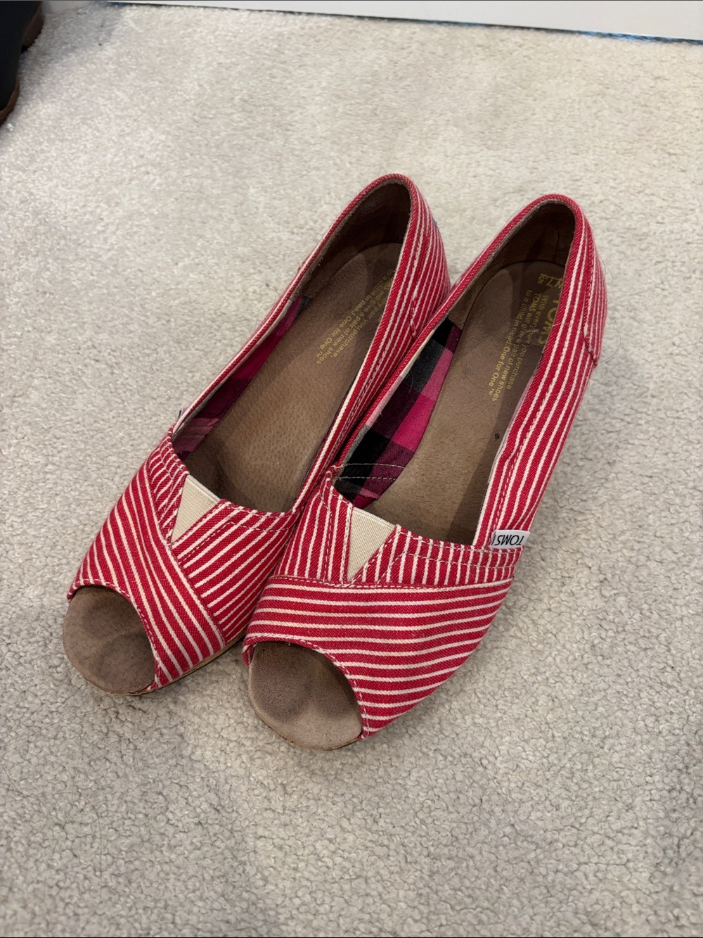 Toms Red and White Striped Peep-Toe Flats